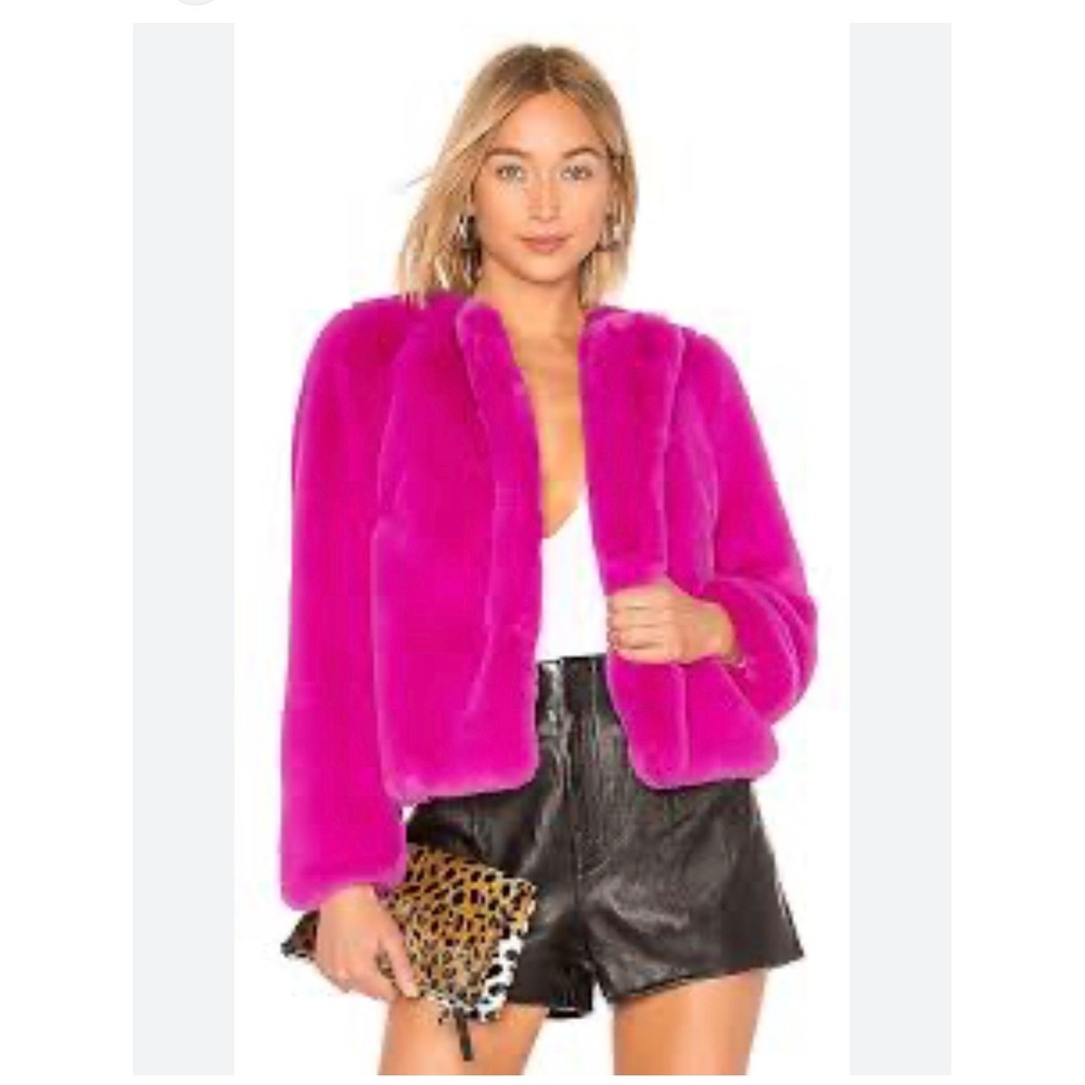 Milly Faux Fur Jacket Coat Fushia Cropped Statement Spread Collar Preppy SZ S - Picture 6 of 7